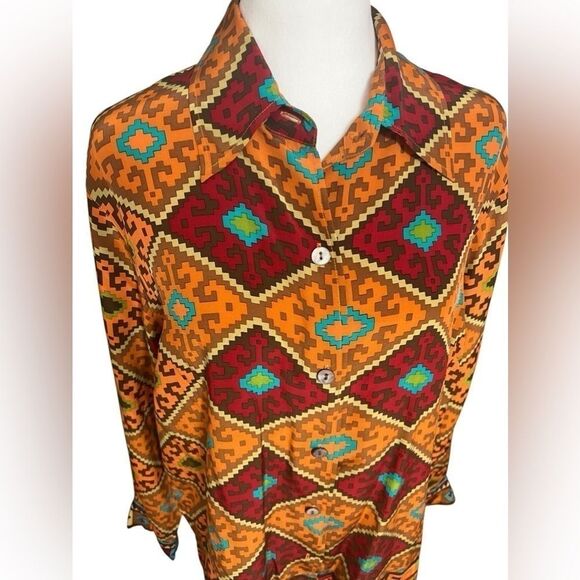 Linea Louis Dell O'lio Southwest Western Silk Blouse Art orange red large - Picture 4 of 11